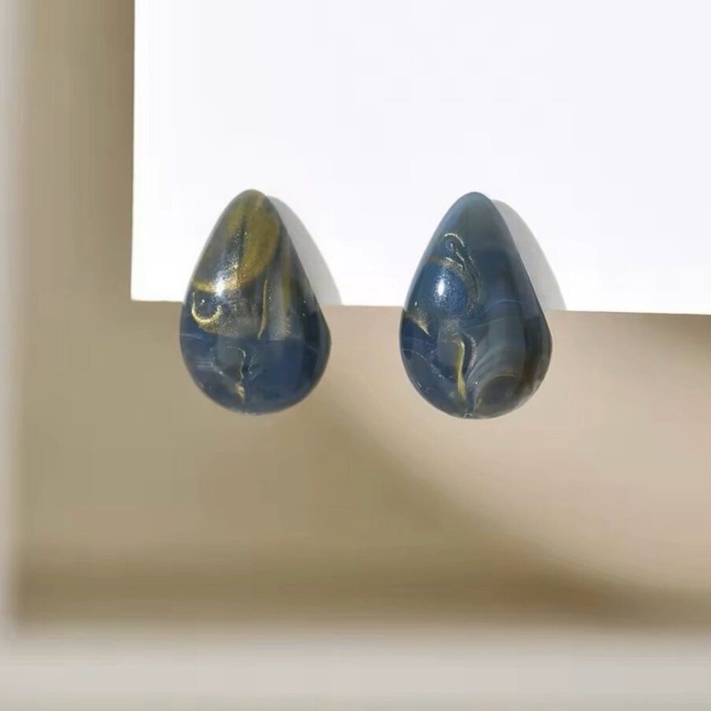 MM Lafleur Navy Teardrop Resin Stud Earrings with Gold Accents